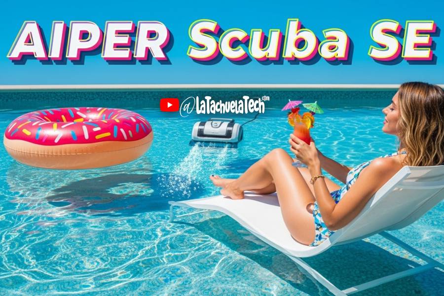 IMAGEN - LaTachuelaTech - Aiper Scuba SE - piscina con inflable y persona relajándose en camastro con bebida mientras el AIPER Scuba SE limpia - 07