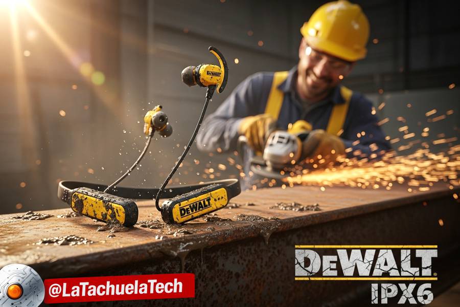IMAGEN - LaTachuelaTech - dewalt ipx6 - Auriculares Dewalt - Dewalt IPX6 en primer plano salpicados de lodo sobre una viga de acero en una obra en construcción - 08