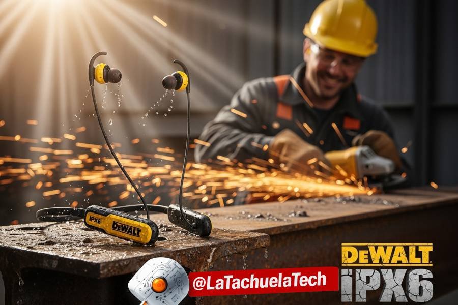 🎧 ¡Audífonos DeWalt IPX6! 🎵 ¿Música para Rudos como Chuck Norris y sus Cumbias ó Puro Marketing? 💥🤔 1 IMAGEN - LaTachuelaTech - dewalt ipx6 - Auriculares Dewalt - Dewalt IPX6 en primer plano salpicados de lodo y agua sobre una viga de acero oxidada en una obra en construcción - 07